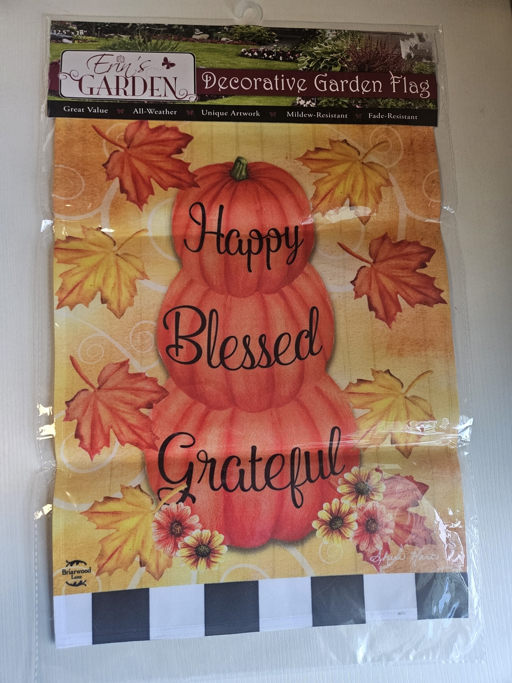 Source Unknown Orange and Yellow Happy Blessed Grateful Fall Garden Flag